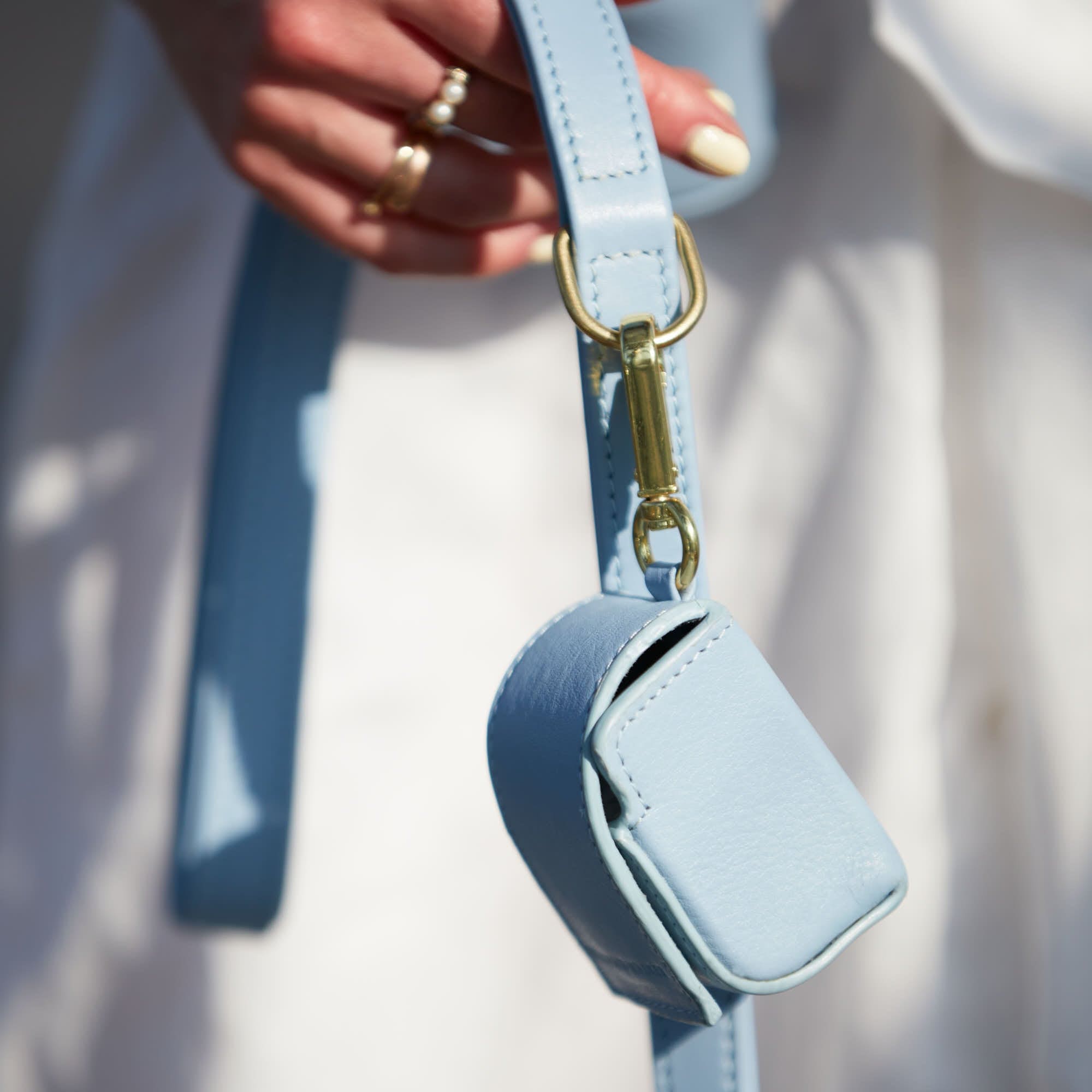 Praktischer und stylischer Kotbeutelspender für Hunde aus echtem Leder in hellem Blau mit goldenen Details.